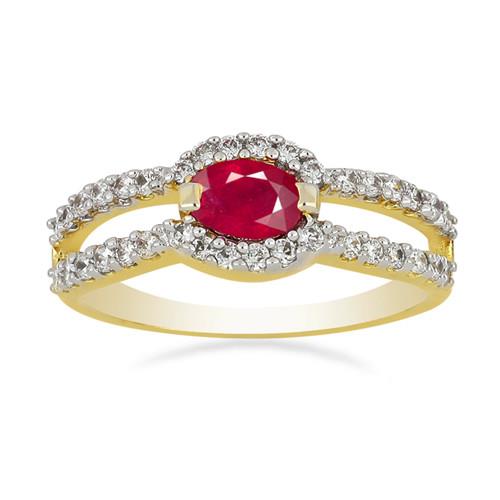 BUY NATURAL GLASS FILLED RUBY GEMSTONE WITH WHITE DIAMOND 14K GOLD RING